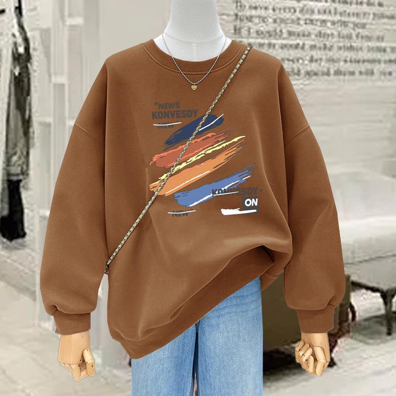 Fashion printing round neck velvet thickened pullover 2025 autumn and winter new popular foreign style age-reducing sweater women