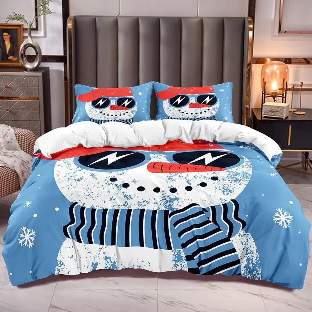 Weihnachten Schneemann König Königin Bettbezug Kinder Cartoon Bettdeckenbezug Weiß Winter Schneeflocke Bettwäsche Set Polyester Bettdeckenbezug