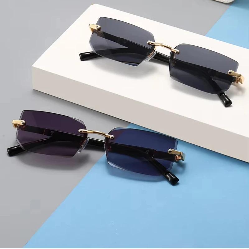 Randlose Sonnenbrille, rechteckig, modisch, beliebt, für Damen und Herren, kleine quadratische Sonnenbrille für Damen und Herren, Sommerreisende, Oculos
