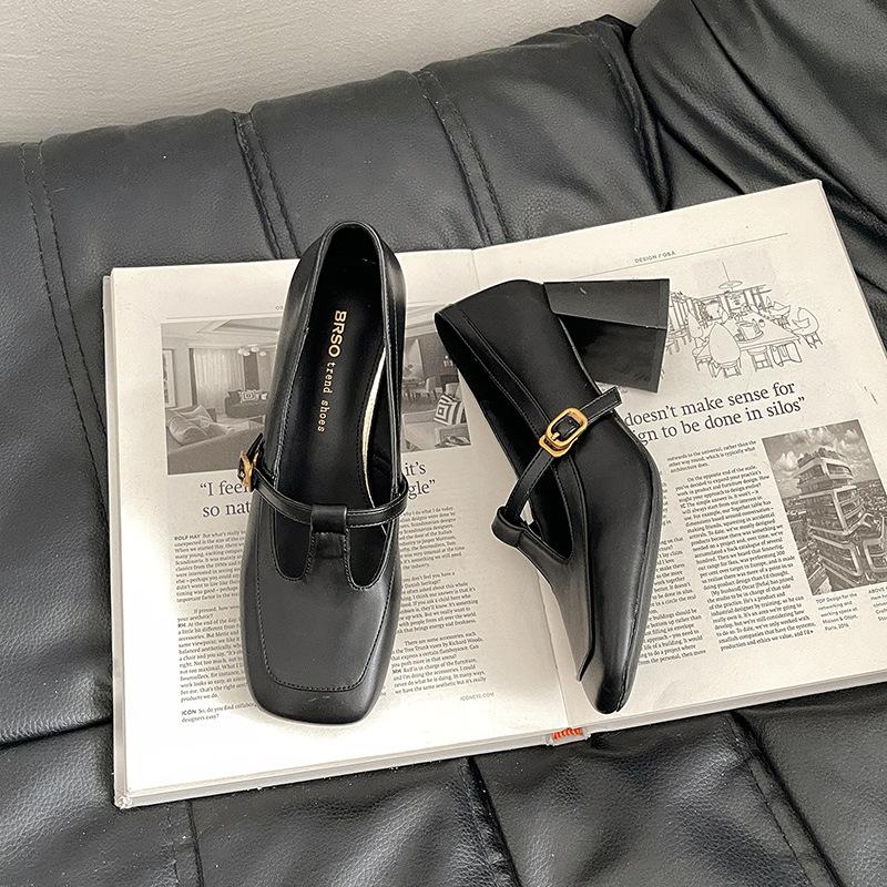 Retro fashion high heels women's square head Mary Jane shoes summer new shoes buckle thick heel light mouth middle heel shoes single shoes