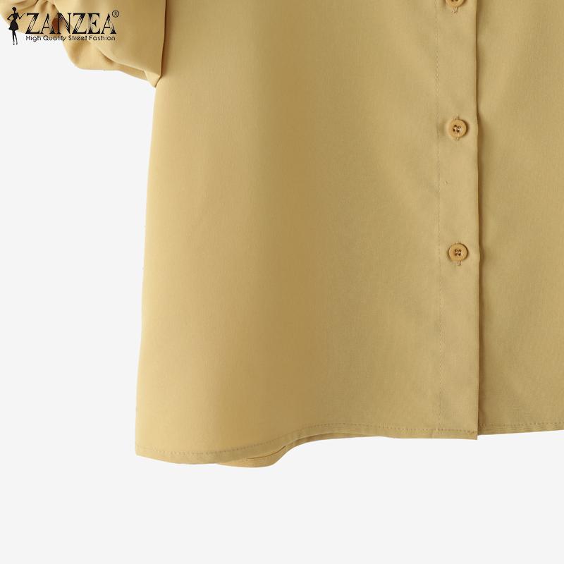 ZANZEA Women Summer Turn Down Collar Puff Short Sleeve Blouse