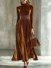 European and American independent station autumn and winter new semi-turtleneck waist slim pleated golden velvet temperament long dress