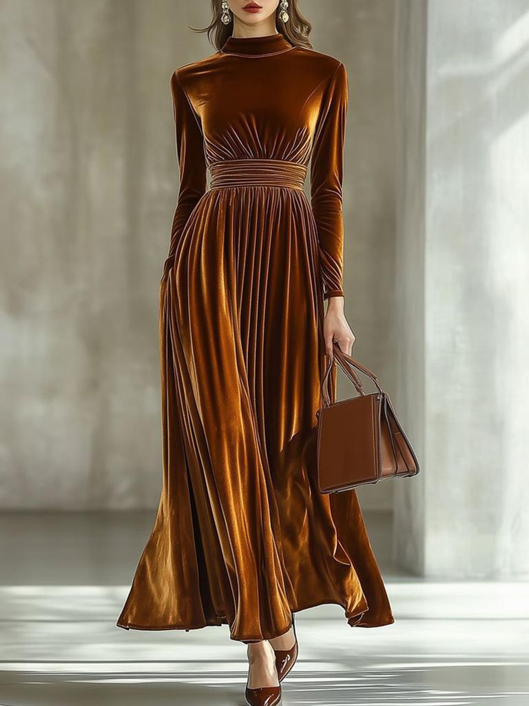 European and American independent station autumn and winter new semi-turtleneck waist slim pleated golden velvet temperament long dress