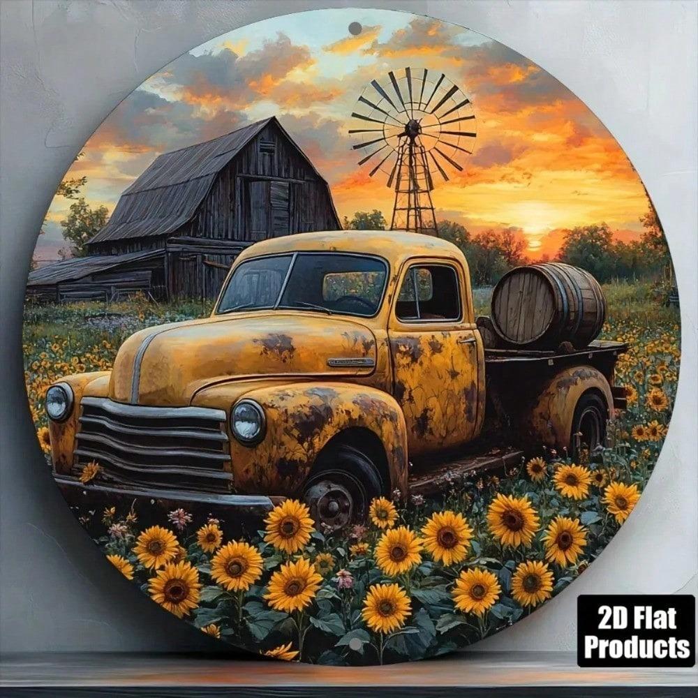 Retro Vintage Sunflower Truck Metal Wall Art Country Kitchen Home Decor Aluminum Sign