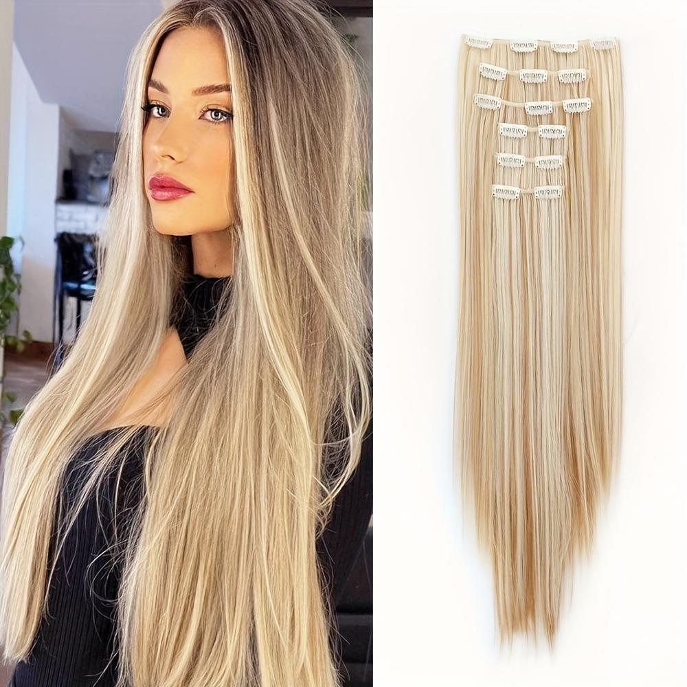 6PCS Clip in Hair Extensions 24" Straight Long Synthetic Hairpieces for Women Daily Party Halloween Black Brown