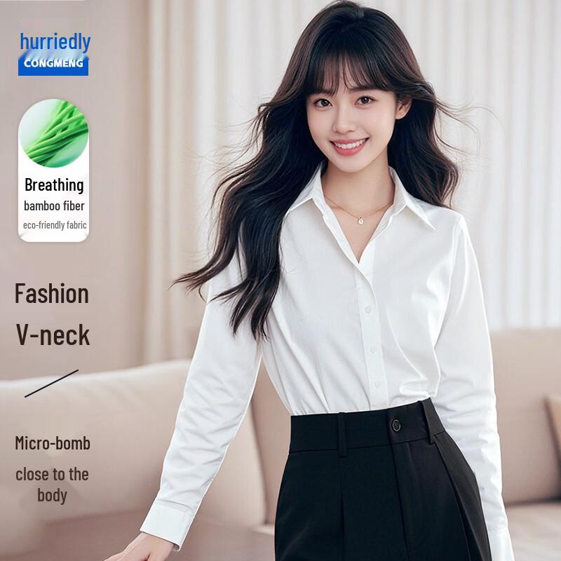 Women s V-Neck Long Sleeve Bamboo Blend Business Shirt M