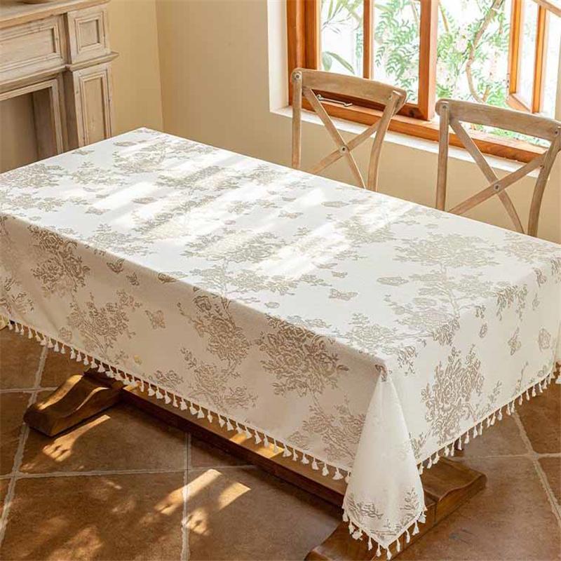 Luxe Tasseled & Jacquard Polyester Tablecloth - Rectangle Lace Dust Cover for Dining & Console Tables Home Decor