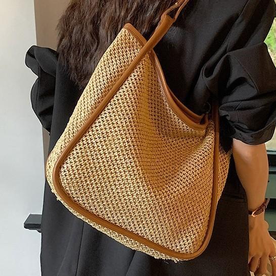 Large Capacity Straw Woven Bag Women's New Simple Woven Bag Seaside Vacation Beach Shoulder Tote Bag