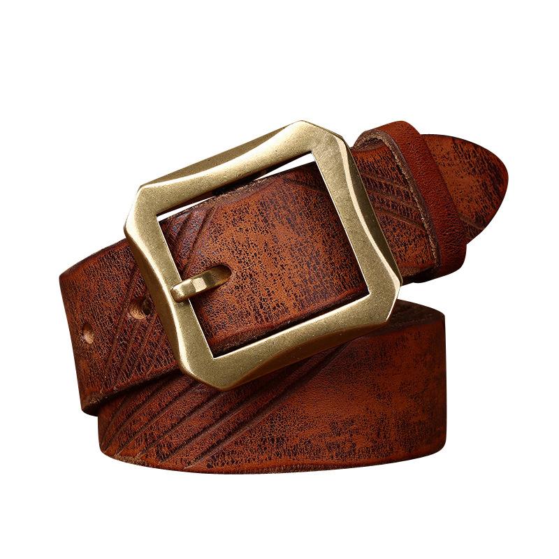 Belt Men's Vintage Heavy-Duty Washed Distressed Vegetable Tanned Full-Grain Leather Cowhide Leather Brass Buckle Trendy Unique Niche Belt