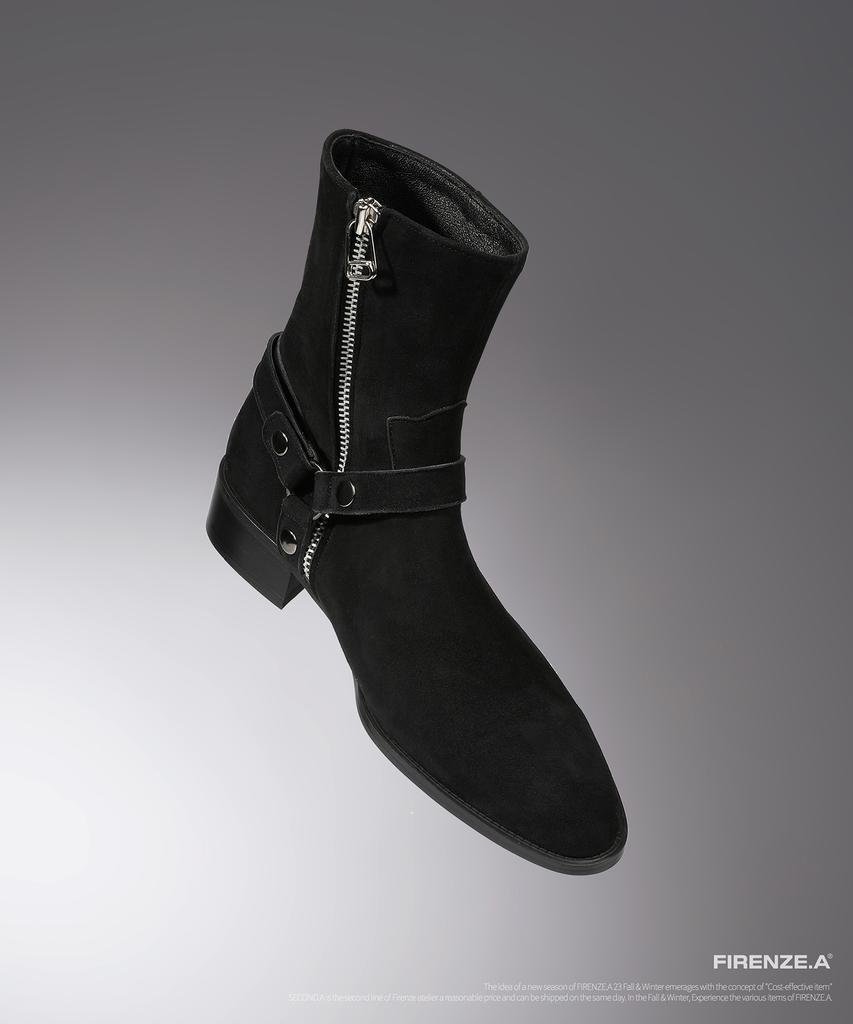 Firenze Atelier Slim Toe Velcro Line Suede Zip-Up Boots 3344-Qs [Black]
