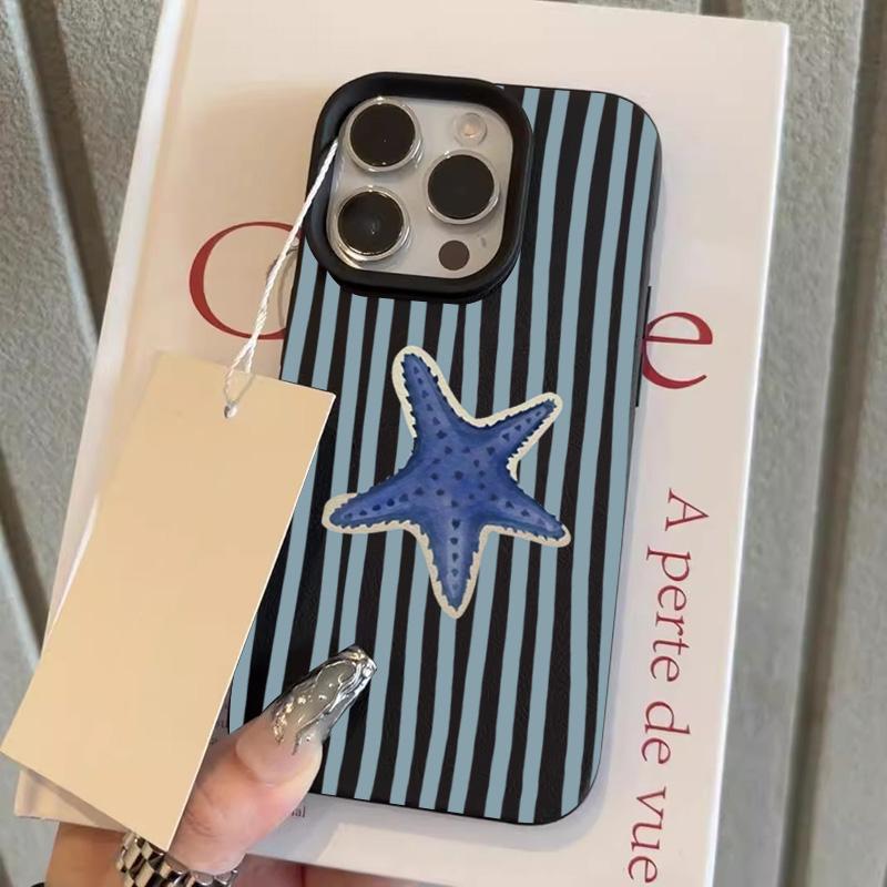 Blue Striped Starfish Pattern Soft Candy Color Phone Case For iPhone 17 16 15 14 13 12 11 Pro Max XR X XS 17Air Shockproof Cover