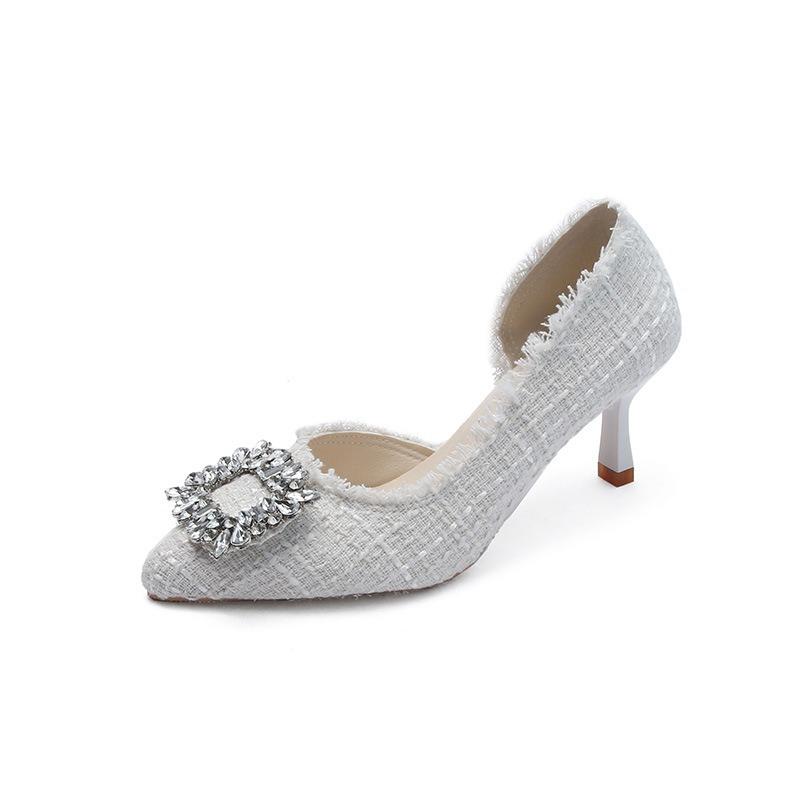 Luxury Rhinestone Buckle Pumps 2025 Summer New Style French Style Design Pointed Toe Tweed Fabric High Heel Women Sandals