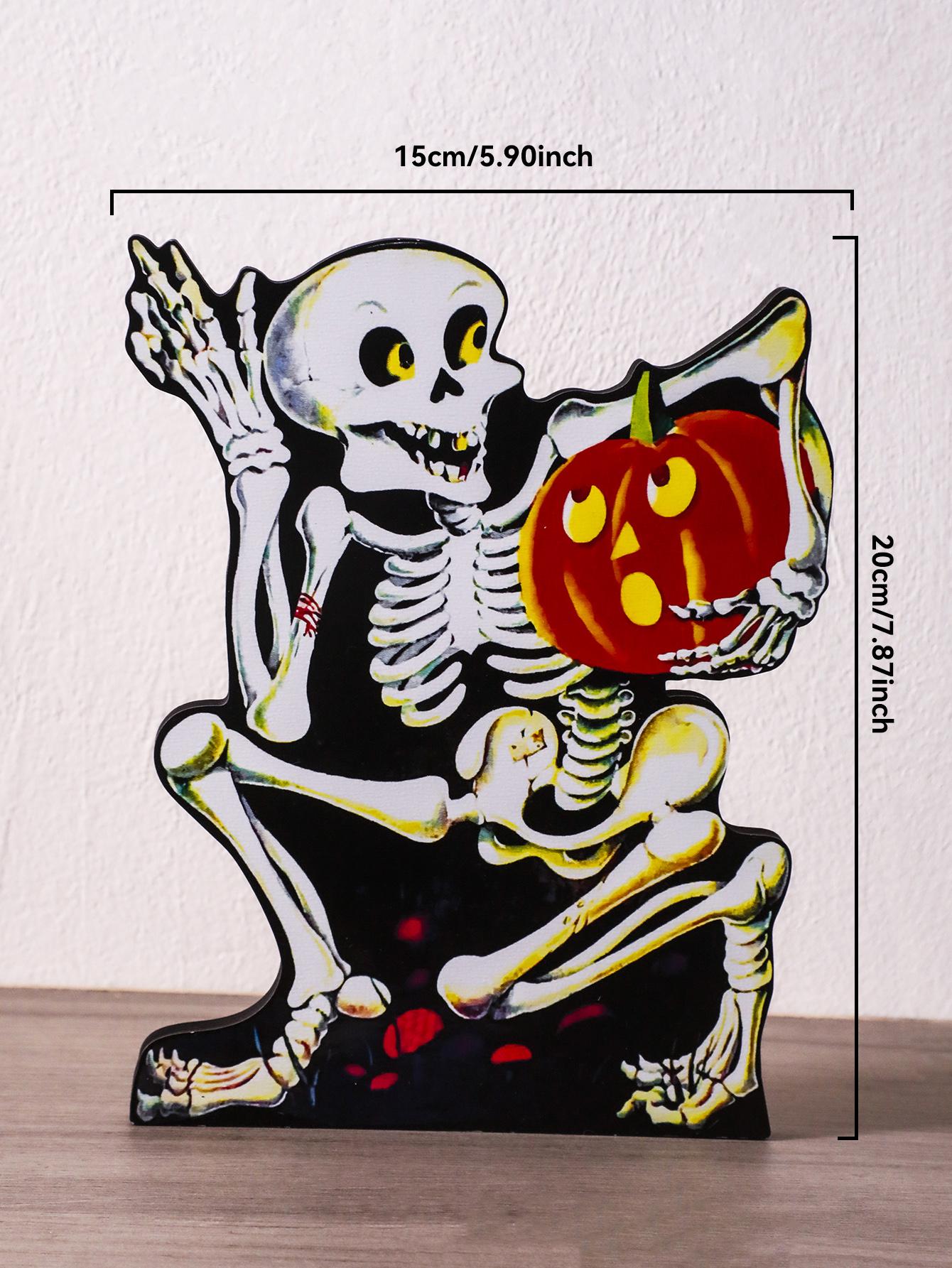 

Halloween Skeleton Tabletop Decor, Skeleton Holding Pumpkin Shape, Wooden Desktop Ornaments, Spooky Home & Party Decoration Gift