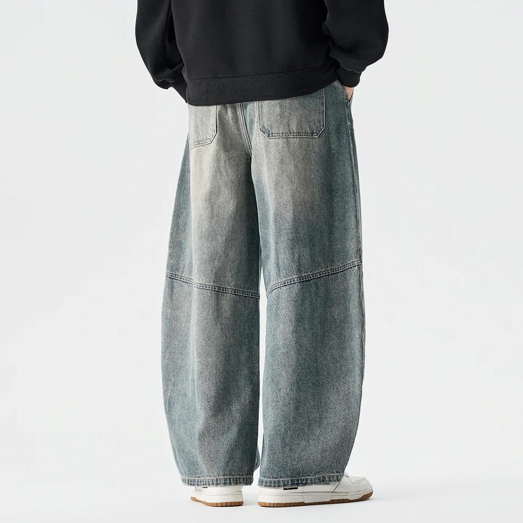 2026 Spring Men Black Denim Pants Men Vintage Elastic Waist Jeans Pants Male Hip Hop Wide Leg Pants Man Cotton Baggy Trousers