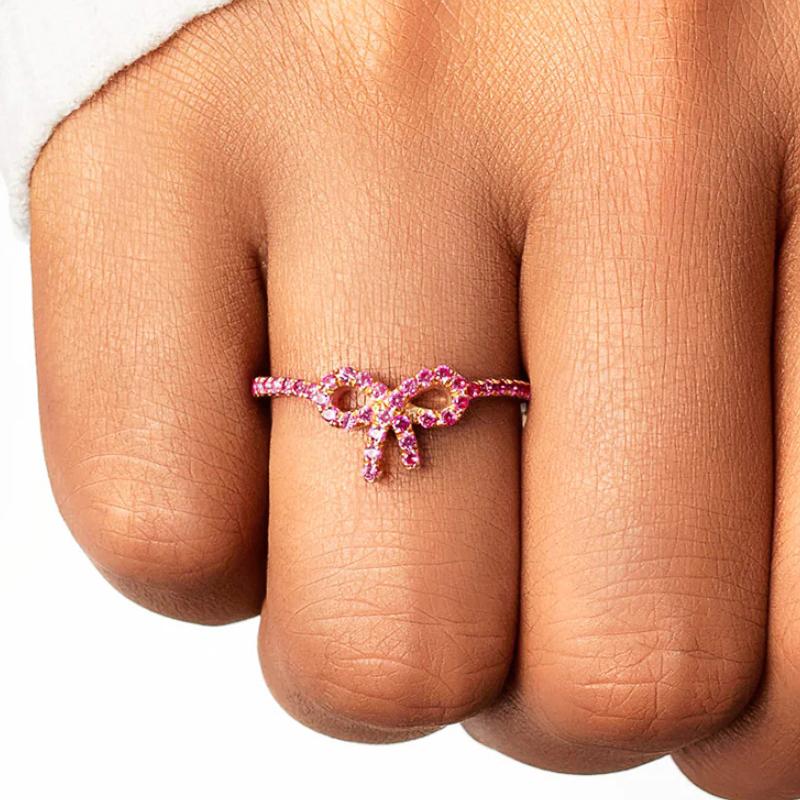 Huitan Dainty Shining Bowknot Ring Lady Engagement Accessories with Brilliant Cubic Zirconia Graceful Sweet Lady Daily Jewelry