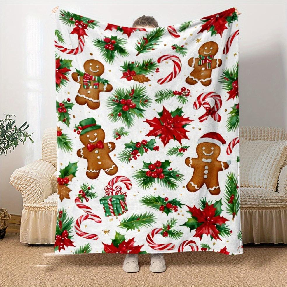 Christmas Gingerbread & Holly Pattern Fleece Throw Blanket - All-Season Chunky Knit Polyester, Machine Washable, Uncharged, Soft
