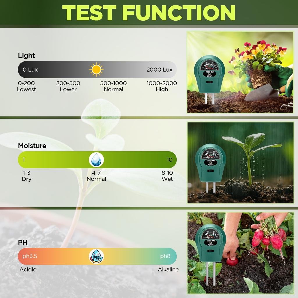 Soil Moisture Meter 3 in 1 Soil pH Tester Sunlight Garden Flowers Soil Moisture Sensor Plant Water Monitor PH Monitor Detector