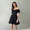 One-word shoulder short-sleeved dress, European and American summer new lace-up waist short skirt, bubble sleeve dress