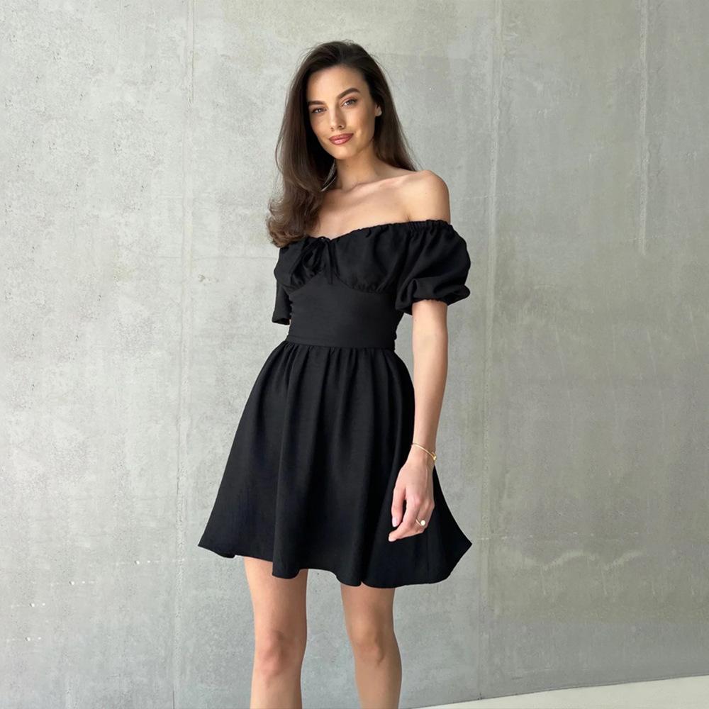 One-word shoulder short-sleeved dress, European and American summer new lace-up waist short skirt, bubble sleeve dress
