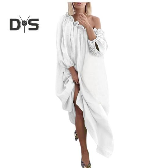 

Женское платье с наклонным вырезом и длинными рукавами-фонариками, свободное однотонное плиссированное длинное платье макси для отдыха, пляжный халат XXL белый