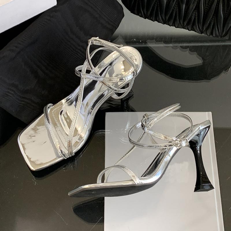 Fashion Liyke Size 35-42 Strange High Heels Gladiator Sandals Women Summer Cozy Leather Square Toe Ankle Strap Ladie Shoes Gold Silver