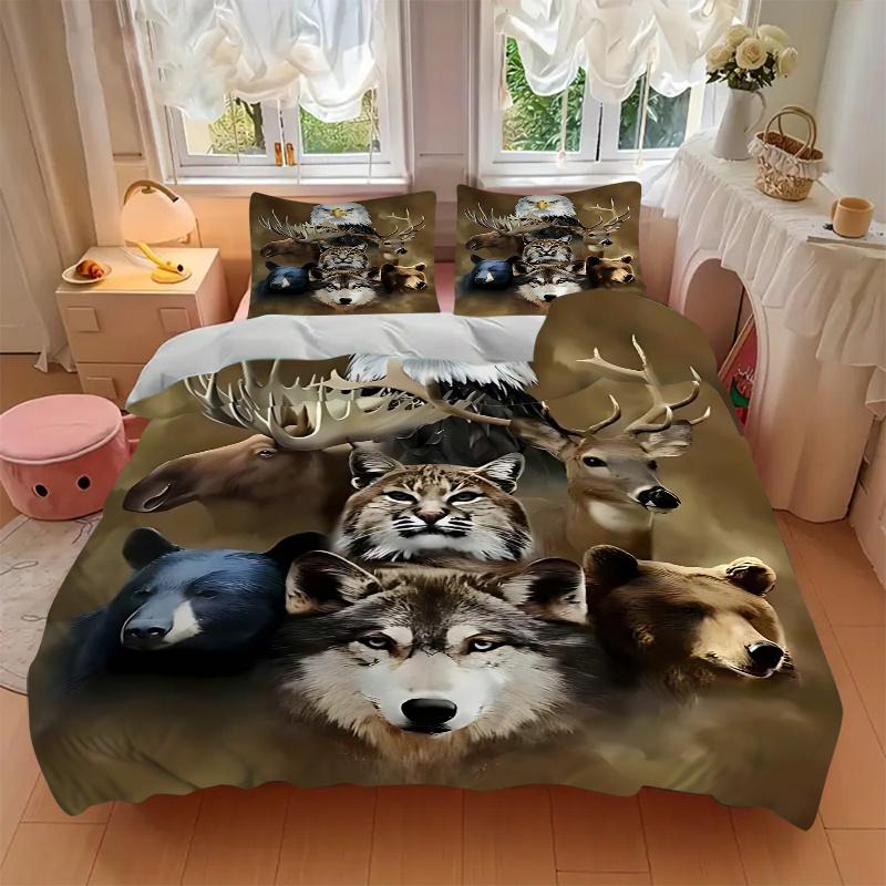 3pcs Wildlife Animal Faces Collage Comforter Set with 1 Quilt Cover and 2 Pillowcases (No Core) - Home Decor, Festival Gift, Polyester Fabric, Anime C