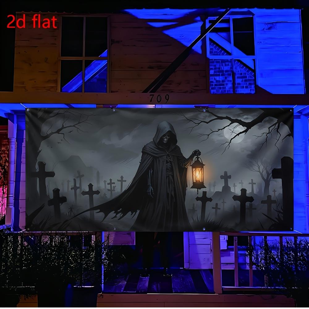 1pc 2D Flat ,Halloween Banner Lights Spooky Graveyard Skeleton Zombie Backdrop Outdoor Holiday Decor , 157*71in