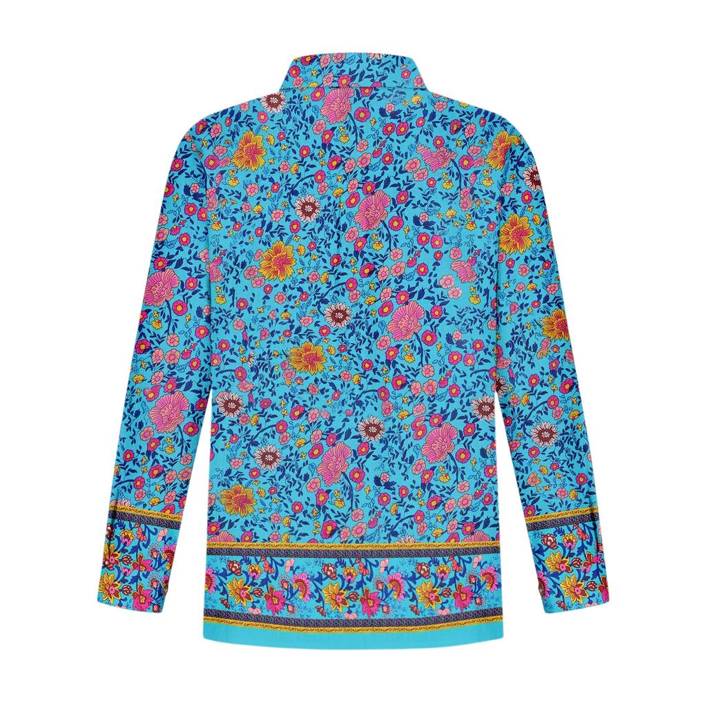 Women's Loose Floral Print Stand Collar Long Sleeve Cotton And Linen Top