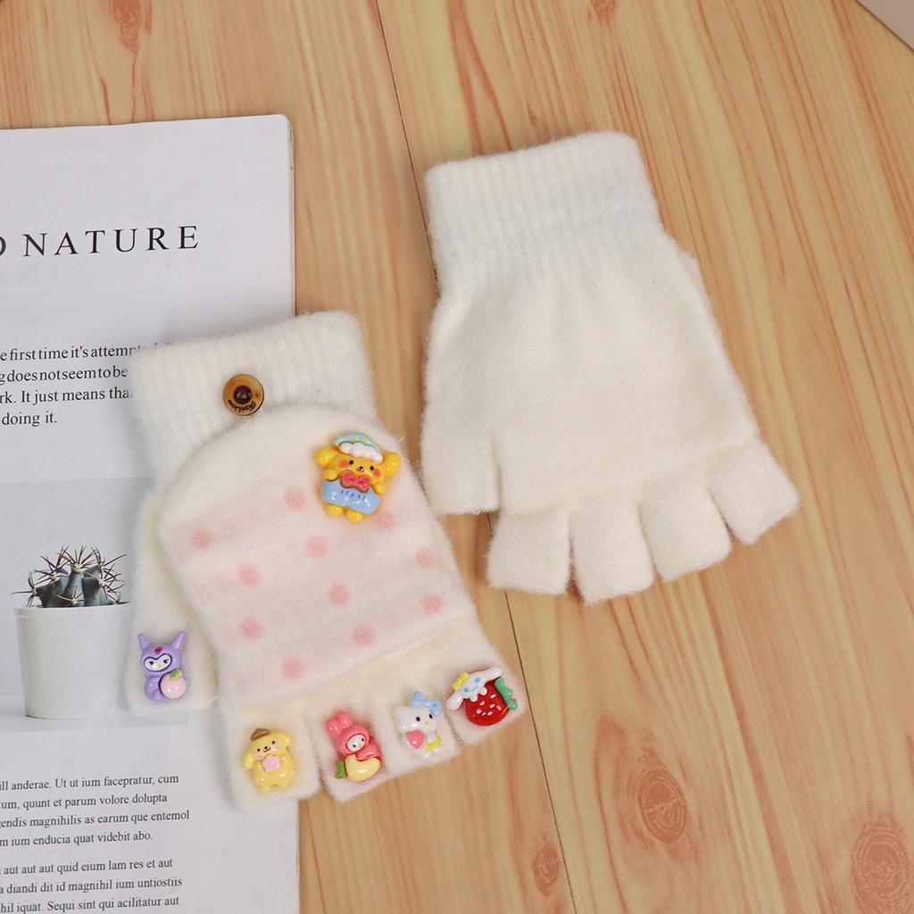 Children's gloves girl-year-old cartoon cute half-finger flip to keep warm knitted wool Nantong thickened to keep warm