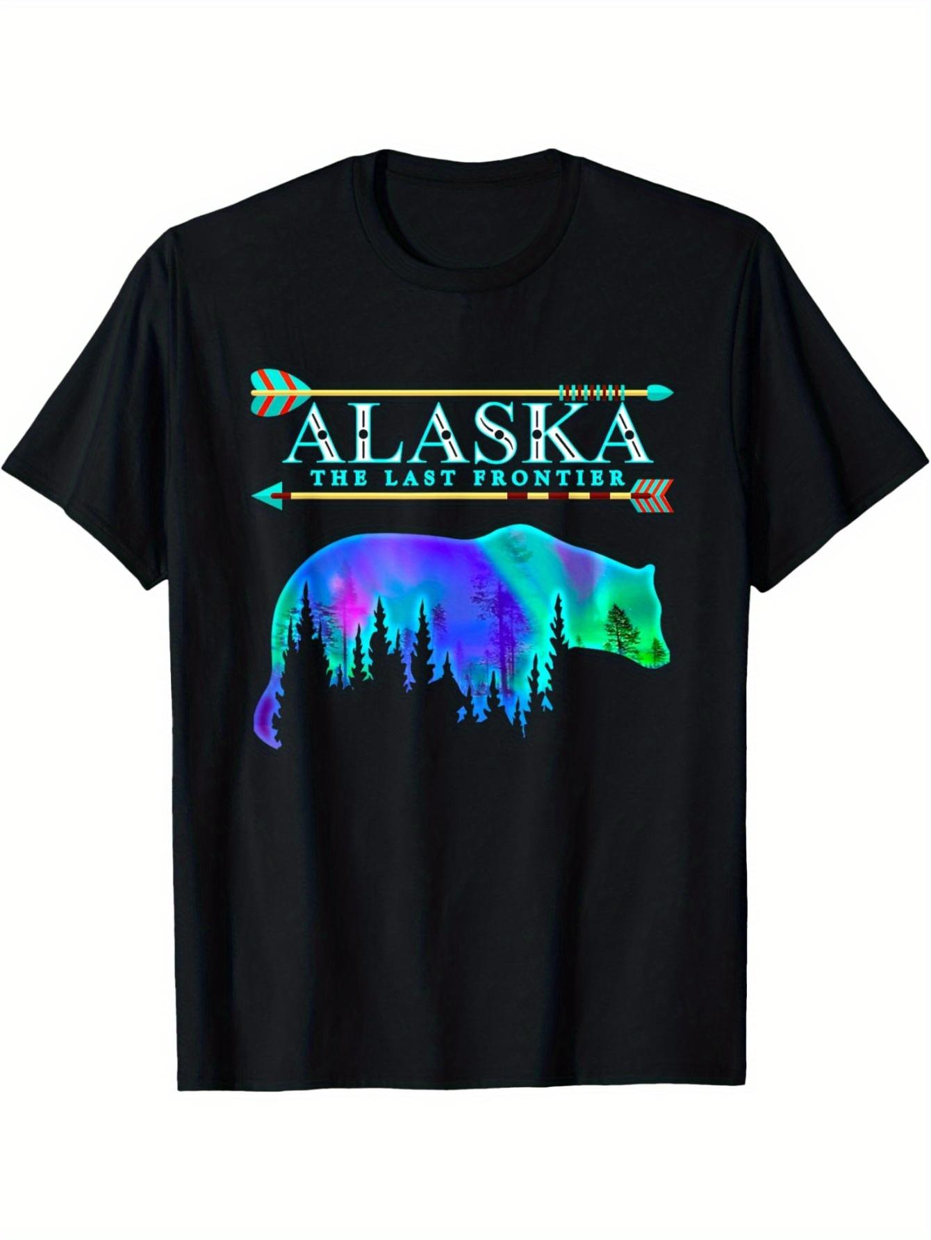 Alaska State Pride T-Shirt - Northern Lights and Alaskan Bear Graphic for Men - Black Cotton Tee S разноцветный