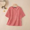 ZANZEA Women Casual V-neck Summer Short Sleeve Grid Print Blouse