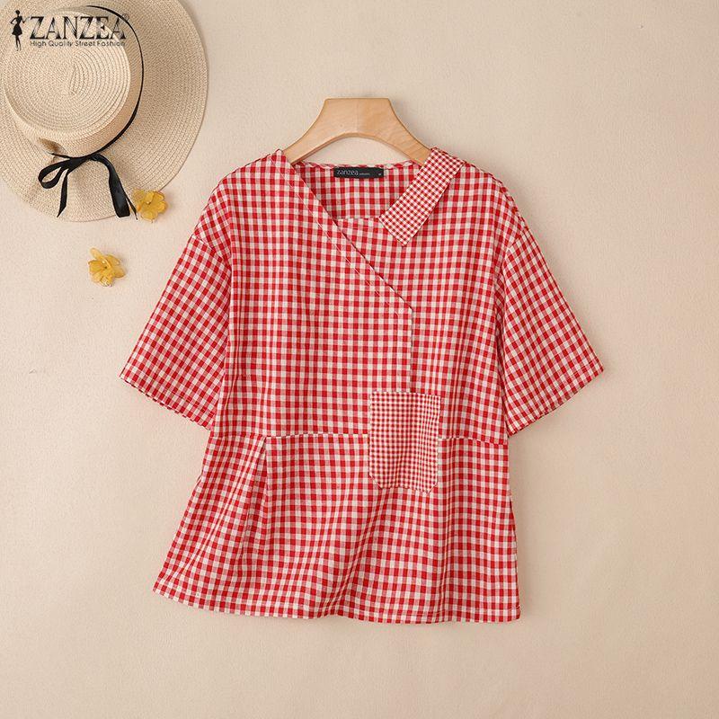ZANZEA Women Casual V-neck Summer Short Sleeve Grid Print Blouse