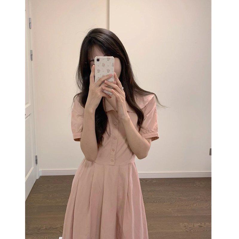 French Pink Doll Collar Summer Dress - Women's Loose Short Sleeve, Waist-Cinching, College Style.