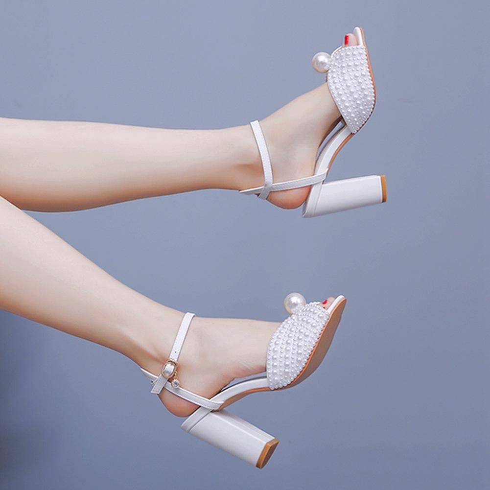 2025 Chunky-Heeled 9CM Pearl Lady Style Hong Kong-Style Fish-Mouth Sandals White Pearl Bride Dress Sandals Women'S Wedding Shoes