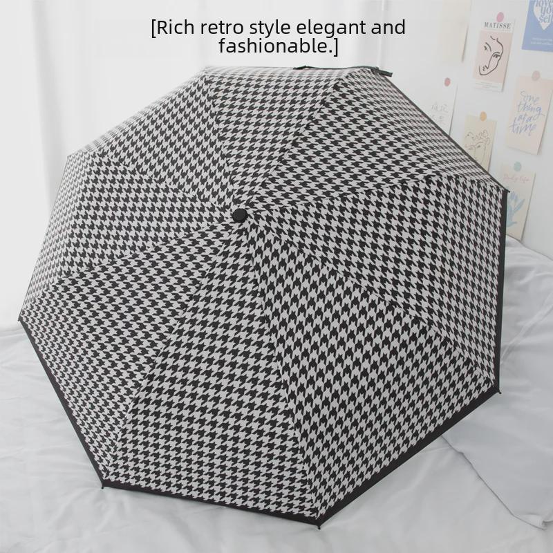 Automatic Three-Fold Houndstooth Umbrella with UV Protection