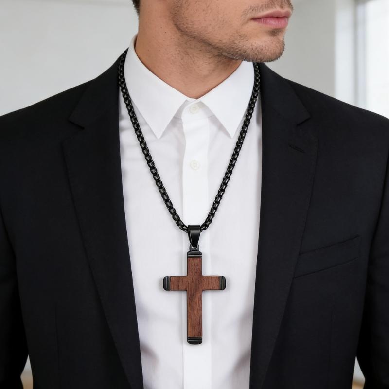 Handcrafted Wood And Stainless Steel Crucifix Pendant Necklace For Men And Boys Unique Design Natural Texture