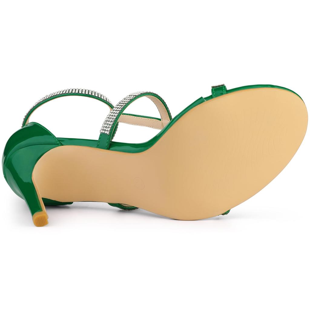Allegra K Women's Ankle Strap Sandals, High Heels, Rhinestones, T-Strap, Green, Size 23.5cm