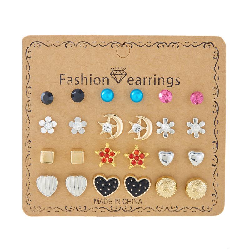 12-Pair Rhinestone Stud Earrings Set: Flower, Heart, Star & Moon Designs