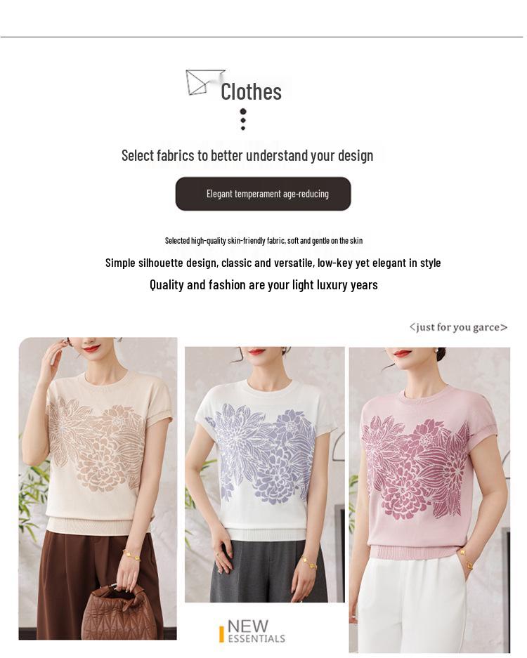Summer Style Ice Silk Short-Sleeved T-Shirt & Knit Cardigan for Middle-Aged and Elderly Women