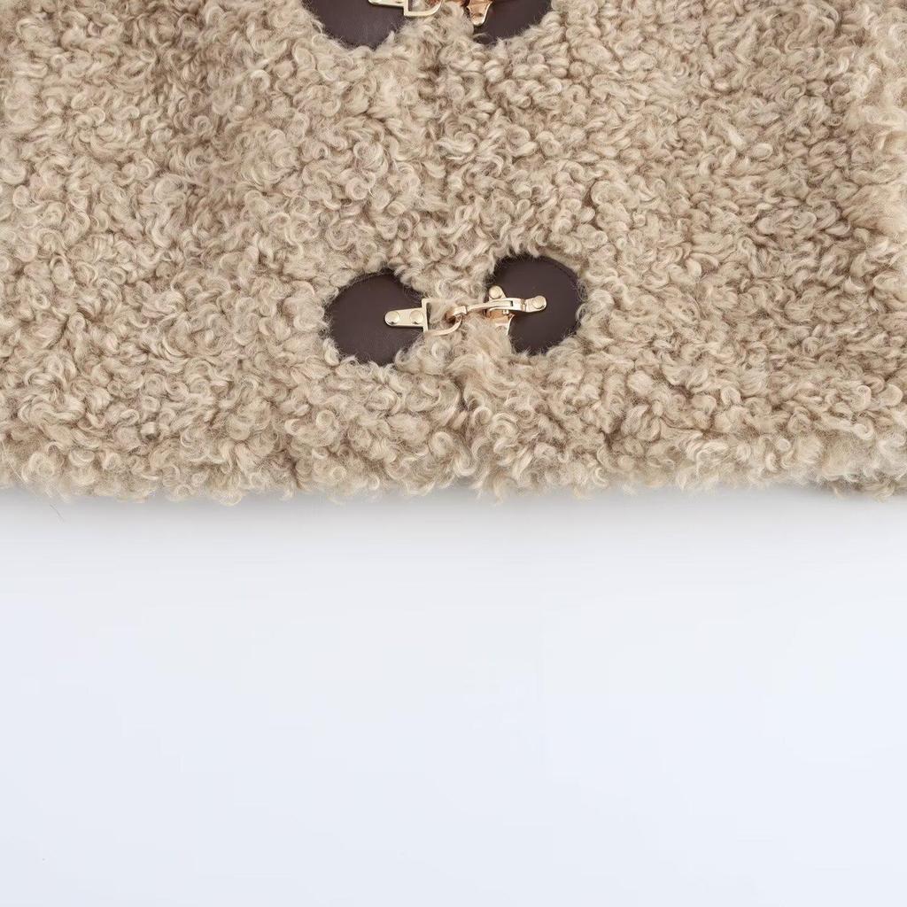 Women's Autumn Fleece Jacket with Turn-Down Collar and Rope Knot Detail