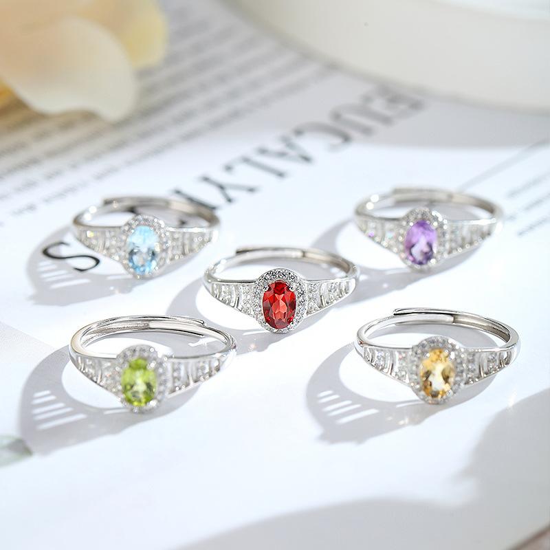 S925 Silver Natural Stone Open Ring, Amethyst/Citrine, Korean Style Daily Jewelry Gift for Women