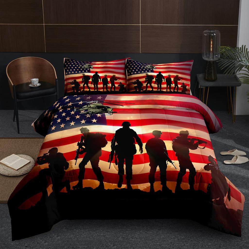Amerikanischer Soldat Bettbezug Set Einzelbett für Jungen Jugendliche, Amerikanische Flagge Bettdeckenbezug Set, Flugzeug Steppdecke Bettwäschesets Queen-Size