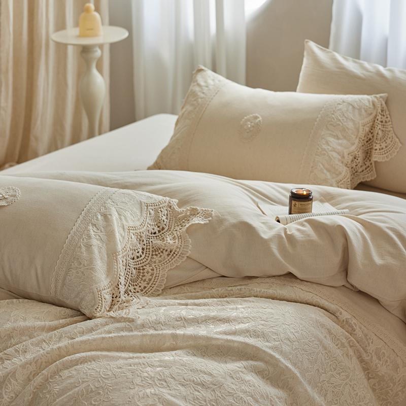 20% Linen And 80% Cotton Vintage Hollow Lace Embroidery Patchwork Bedding Set Duvet Cover Flat/Fitted Bed Sheet Pillowcases 4Pcs