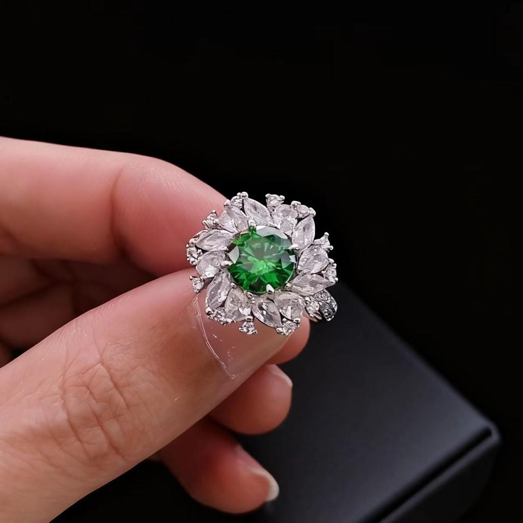 Jewelry Luxury Heavy Industry Imitation Emerald Ruby Sunflower Ring High Texture Treasure Ring Female
