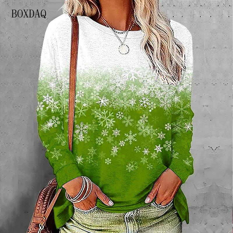 3D Snowflakes Pattern Print Women Gradient T-Shirts Long Sleeve Lady Street Hip Hop Tee 6XL Big Size Female Clothing Casual Tops