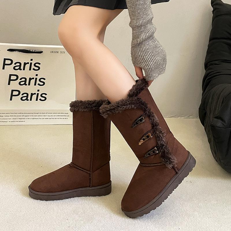 Foreign Trade Large Size Medium Tube Cotton Shoes for Women's Winter New Thickened Warm and Fluffed Button Snow Boots for Women