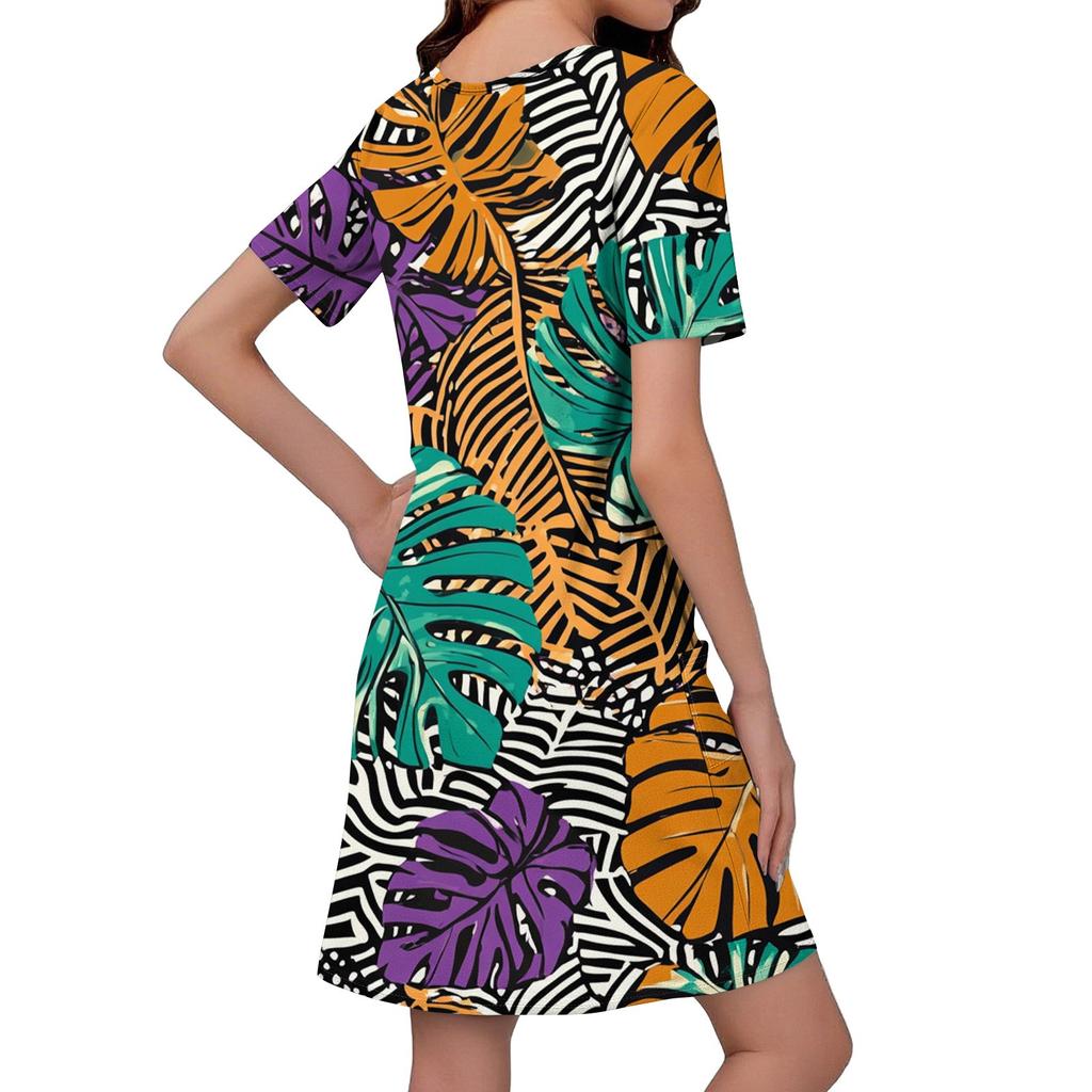 Women's Casual And Fashionable V-neck Short Sleeve Printing Mid Length Dress