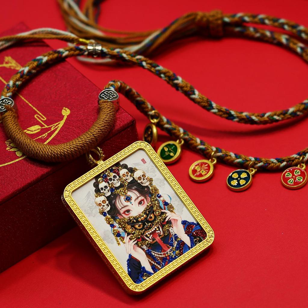 Classic Gold Tone Thangka Necklace: Multicolored Tibetan Zhakilamu, Female Wealth, Dazzling Colors, Semi-Handmade.