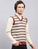 Monte Carlo Mens Brown Self Design V Neck Sleeveless Sweater