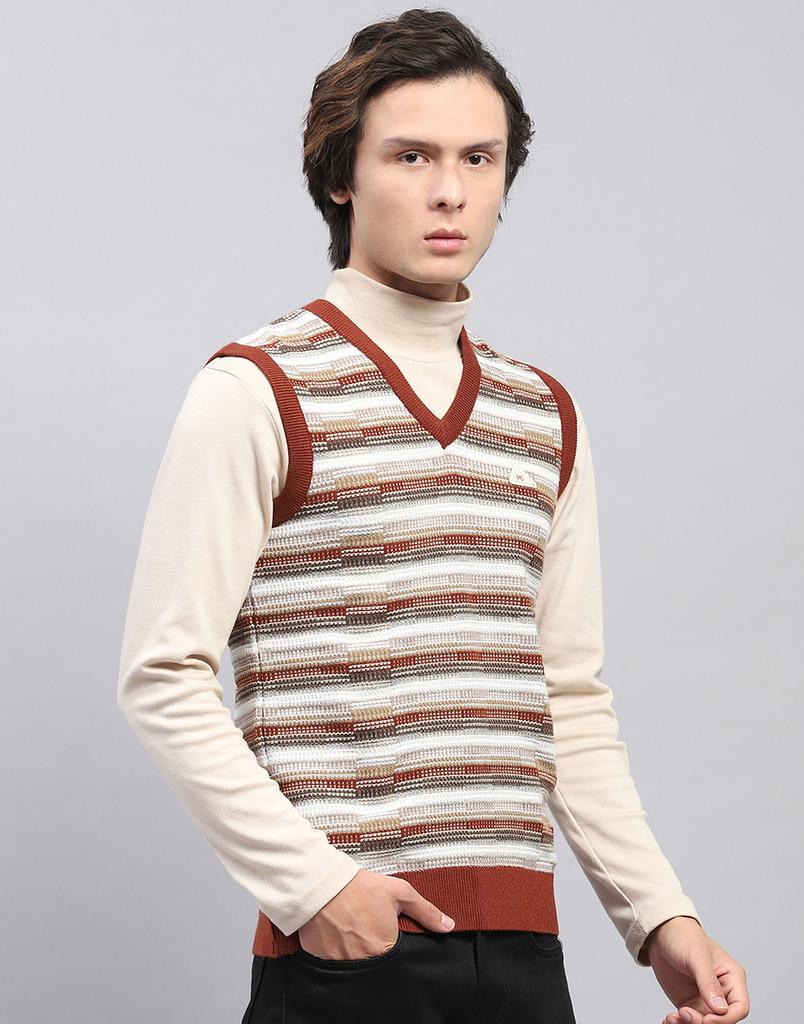 Monte Carlo Mens Brown Self Design V Neck Sleeveless Sweater